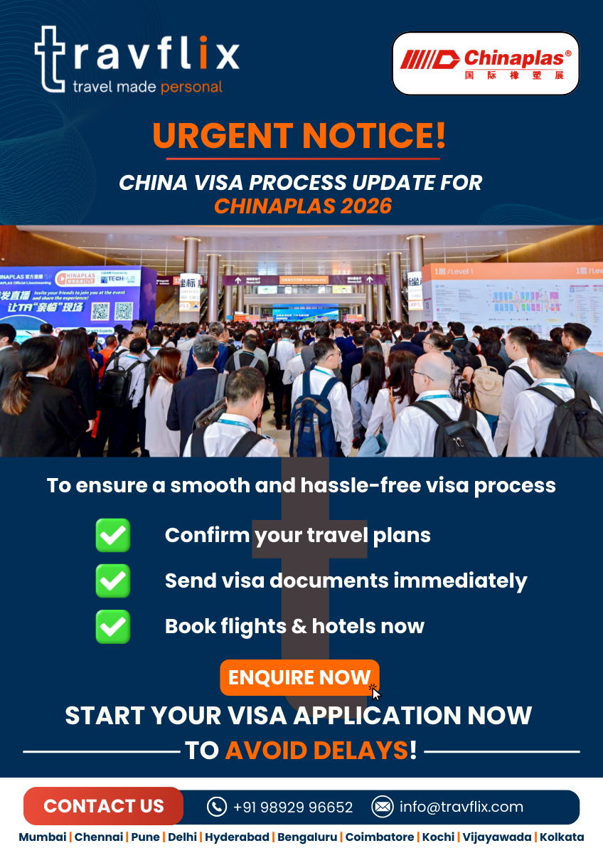 Urgent notice banner for Chinaplas 2026 China visa process showing exhibition crowd and instructions to confirm travel plans, submit visa documents, and book flights and hotels early.